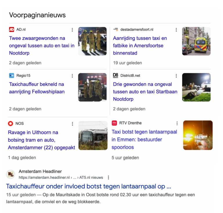 Meerdere nieuwsartikelen van taxi-ongevallen