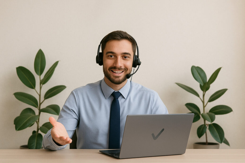 Een medewerker die een online verzekering aanbied